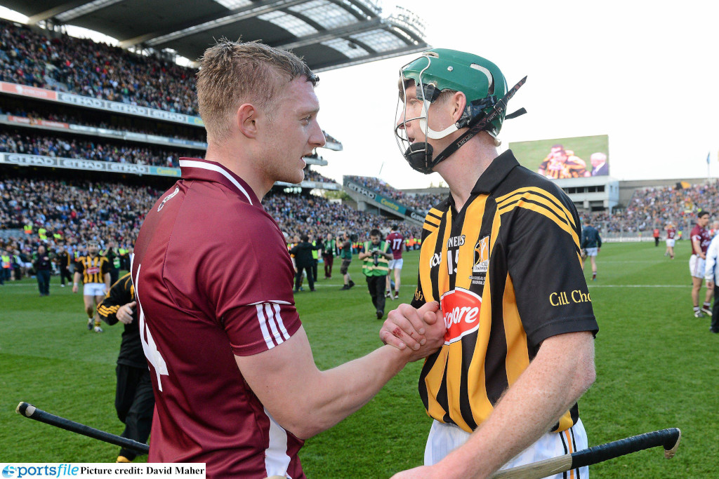 Joe Canning shakes hands with Henry Shefflin at the end of the GAA Hurling Senior Championship Final Replay